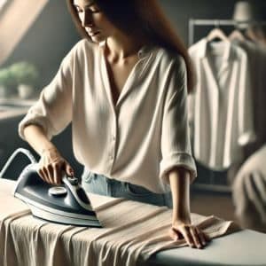foto di una donna che stira camicia in viscosa